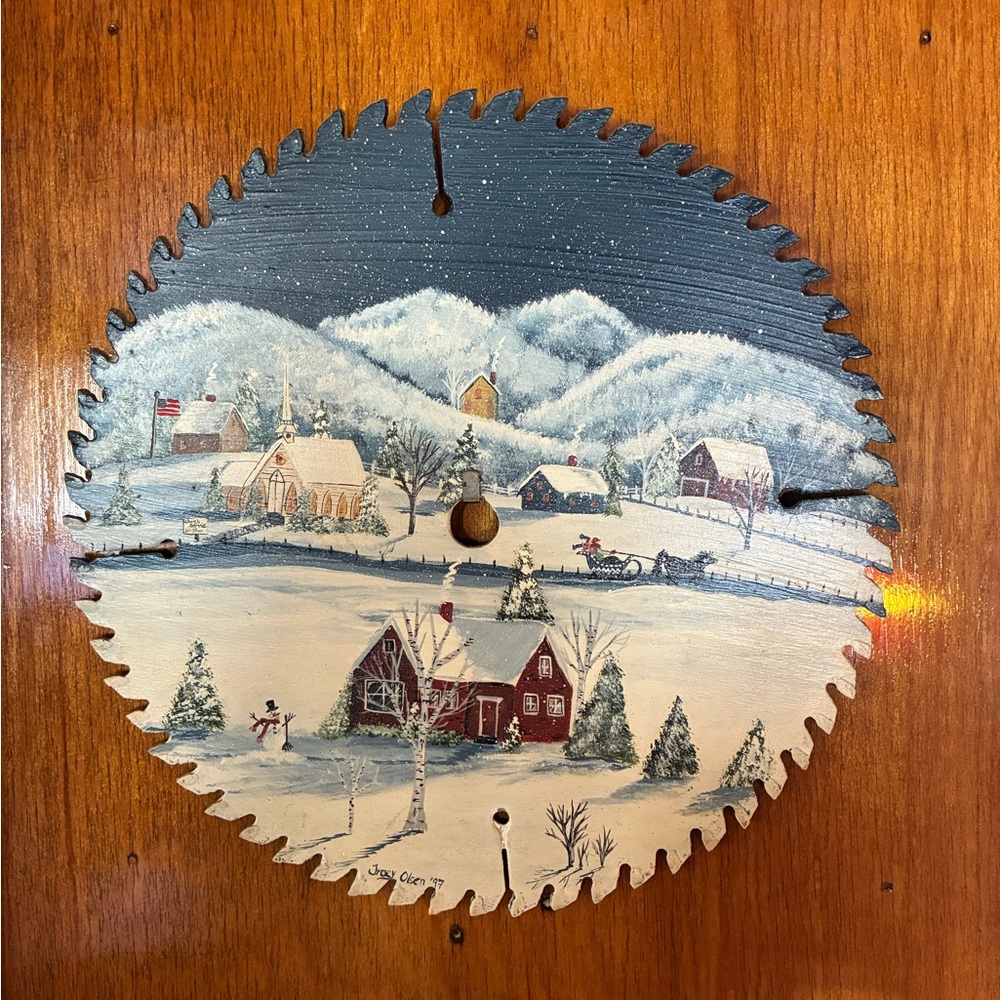 Hand Crafted Winter Scene Saw Blade Art - Brown, White, Gray
